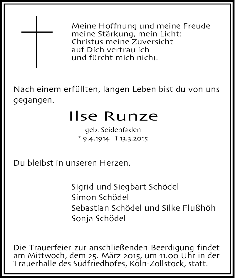 Traueranzeige für Ilse Runze vom 21.03.2015 aus Kölner Stadt-Anzeiger / Kölnische Rundschau / Express