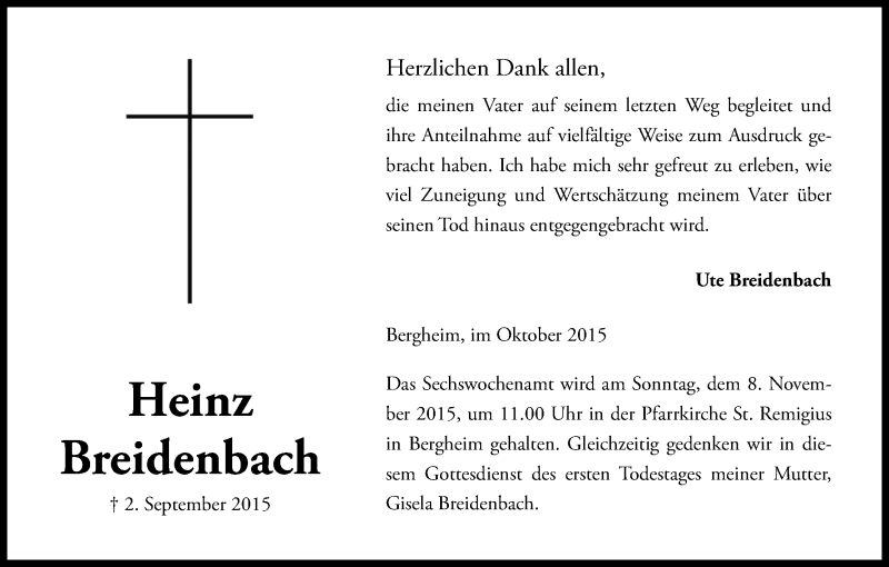  Traueranzeige für Heinz Breidenbach vom 10.10.2015 aus Kölner Stadt-Anzeiger / Kölnische Rundschau / Express