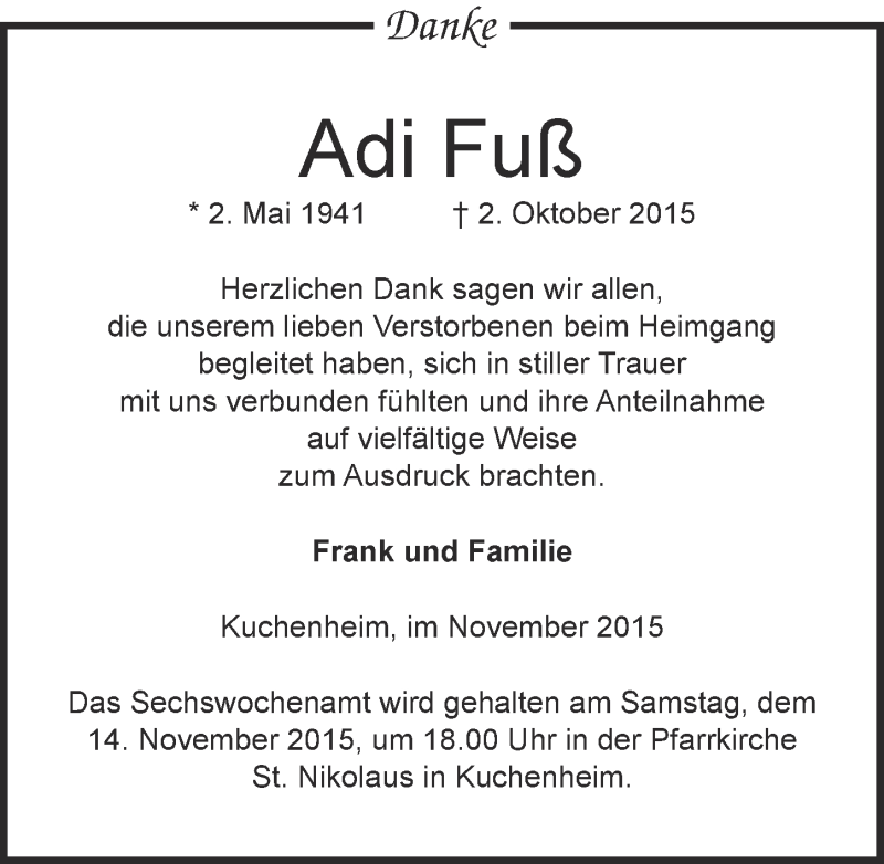  Traueranzeige für Adi Fuß vom 08.11.2015 aus  Blickpunkt Euskirchen 