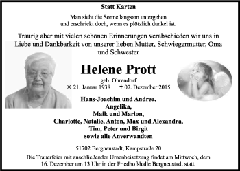 Anzeige von Helene Prott von Kölner Stadt-Anzeiger / Kölnische Rundschau / Express