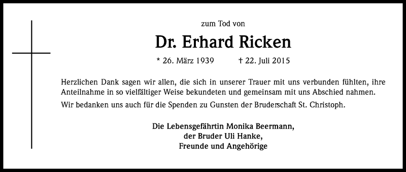  Traueranzeige für Erhard Ricken vom 09.10.2015 aus Kölner Stadt-Anzeiger / Kölnische Rundschau / Express