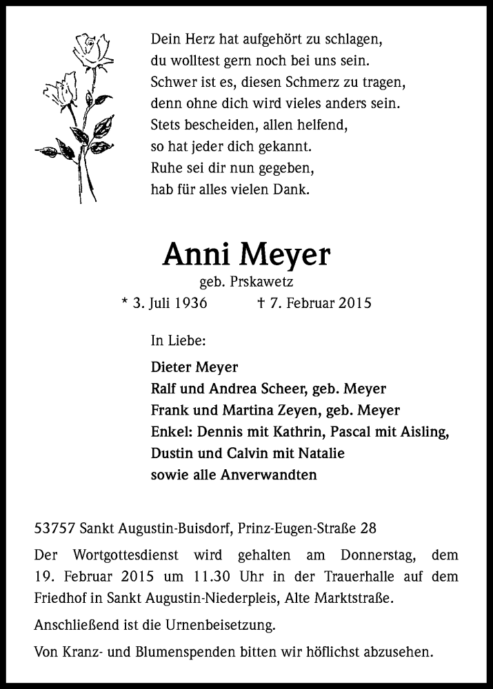  Traueranzeige für Anni Meyer vom 14.02.2015 aus Kölner Stadt-Anzeiger / Kölnische Rundschau / Express