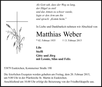 Anzeige von Matthias Weber von Kölner Stadt-Anzeiger / Kölnische Rundschau / Express