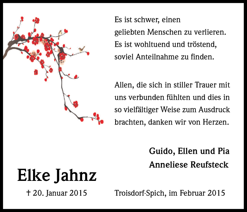  Traueranzeige für Elke Jahnz vom 14.02.2015 aus Kölner Stadt-Anzeiger / Kölnische Rundschau / Express