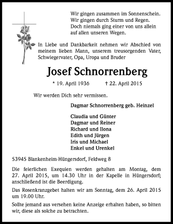 Anzeige von Josef Schnorrenberg von Kölner Stadt-Anzeiger / Kölnische Rundschau / Express