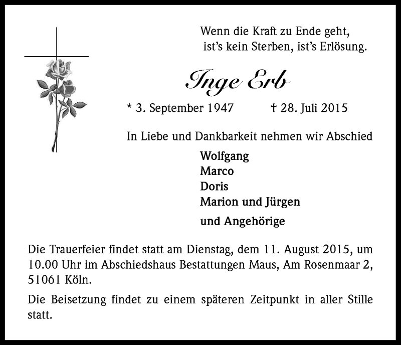  Traueranzeige für Inge Erb vom 01.08.2015 aus Kölner Stadt-Anzeiger / Kölnische Rundschau / Express