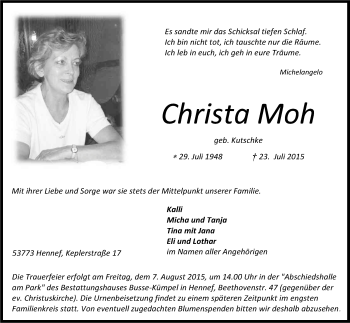 Anzeige von Christa Moh von Kölner Stadt-Anzeiger / Kölnische Rundschau / Express