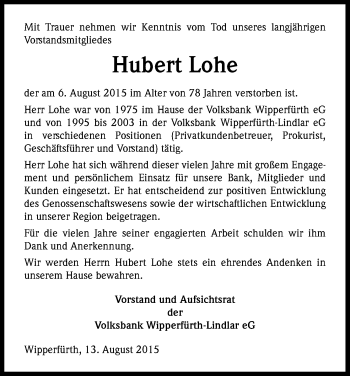 Anzeige von Hubert Lohe von Kölner Stadt-Anzeiger / Kölnische Rundschau / Express