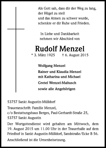Anzeige von Rudolf Menzel von Kölner Stadt-Anzeiger / Kölnische Rundschau / Express