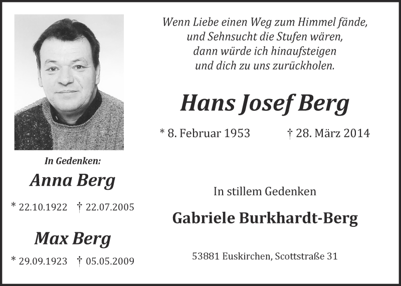  Traueranzeige für Hans Josef Berg vom 22.03.2015 aus  Blickpunkt Euskirchen 