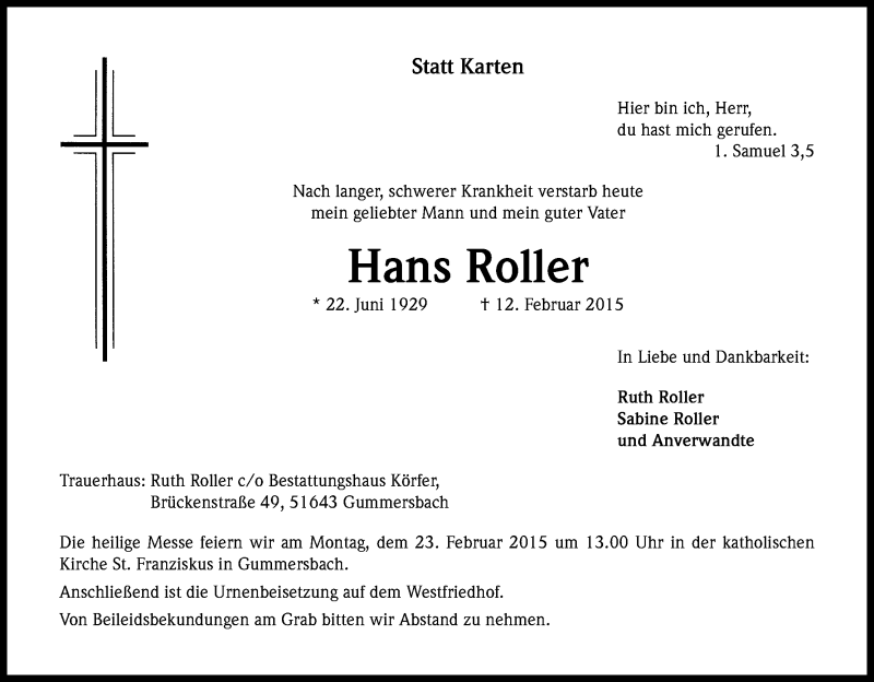  Traueranzeige für Hans Roller vom 17.02.2015 aus Kölner Stadt-Anzeiger / Kölnische Rundschau / Express