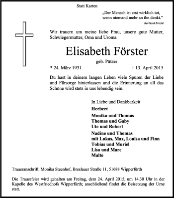 Anzeige von Elisabeth Förster von Kölner Stadt-Anzeiger / Kölnische Rundschau / Express