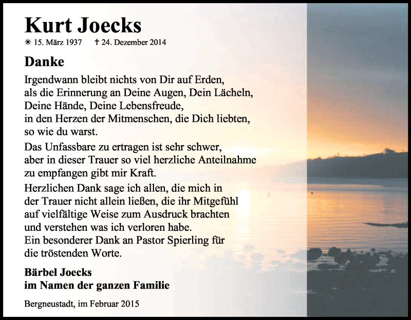  Traueranzeige für Kurt Joecks vom 14.02.2015 aus Kölner Stadt-Anzeiger / Kölnische Rundschau / Express