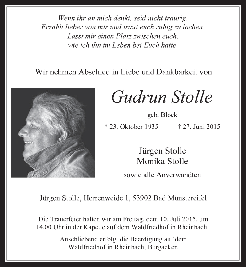  Traueranzeige für Gudrun Stolle vom 05.07.2015 aus  Blickpunkt Euskirchen 