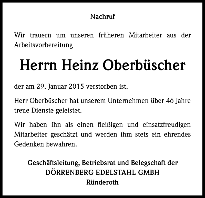  Traueranzeige für Heinz Oberbüscher vom 06.02.2015 aus Kölner Stadt-Anzeiger / Kölnische Rundschau / Express