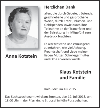 Anzeige von Anna Kotstein von  Kölner Wochenspiegel 