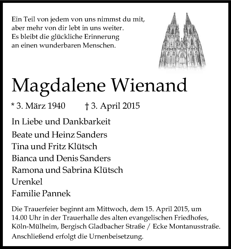  Traueranzeige für Magdalene Wienand vom 11.04.2015 aus Kölner Stadt-Anzeiger / Kölnische Rundschau / Express