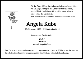Anzeige von Angela Kube von Kölner Stadt-Anzeiger / Kölnische Rundschau / Express