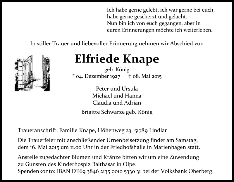  Traueranzeige für Elfriede Knape vom 13.05.2015 aus Kölner Stadt-Anzeiger / Kölnische Rundschau / Express