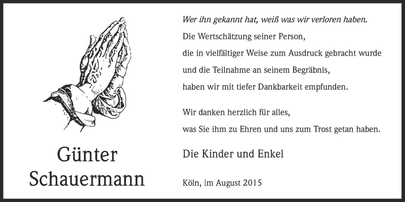  Traueranzeige für Günter Schauermann vom 26.08.2015 aus  Kölner Wochenspiegel 