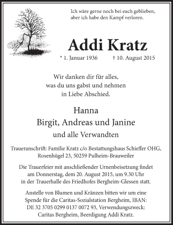 Anzeige von Addi Kratz von  Sonntags-Post 