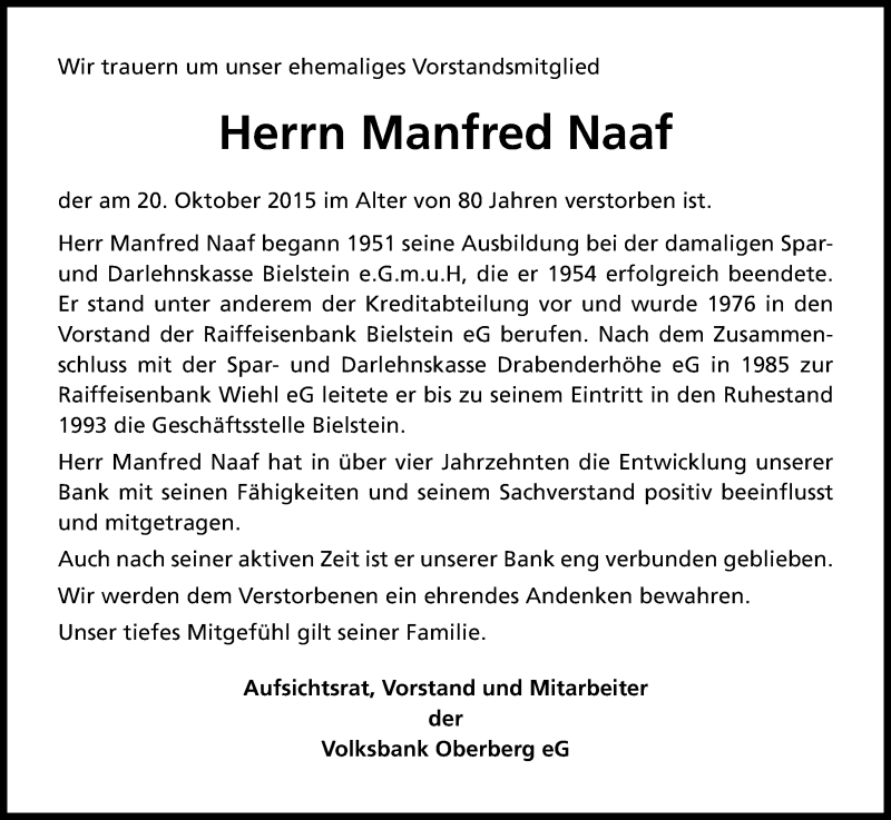  Traueranzeige für Manfred Naaf vom 27.10.2015 aus Kölner Stadt-Anzeiger / Kölnische Rundschau / Express