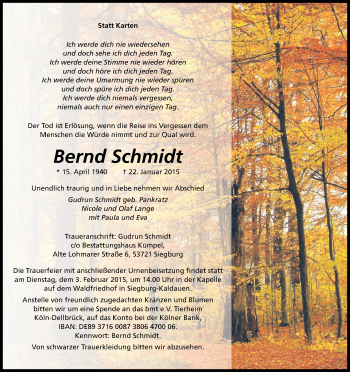 Anzeige von Bernd Schmidt von Kölner Stadt-Anzeiger / Kölnische Rundschau / Express