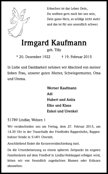 Anzeige von Irmgard Kaufmann von Kölner Stadt-Anzeiger / Kölnische Rundschau / Express