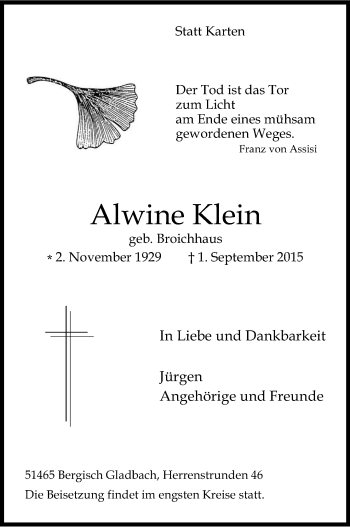 Anzeige von Alwine Klein von Kölner Stadt-Anzeiger / Kölnische Rundschau / Express