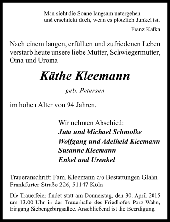 Anzeige von Käthe Kleemann von  Kölner Wochenspiegel 
