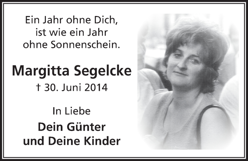  Traueranzeige für Margitta Segelcke vom 01.07.2015 aus  Anzeigen Echo 