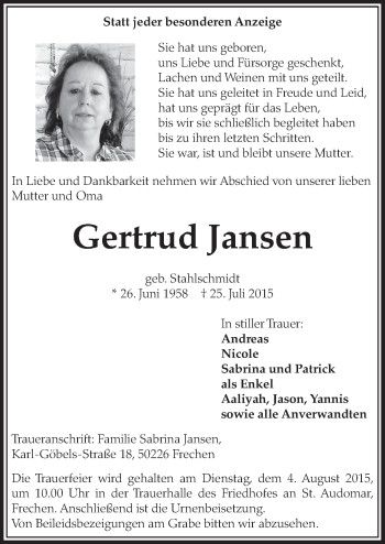 Anzeige von Gertrud Jansen von  Sonntags-Post 