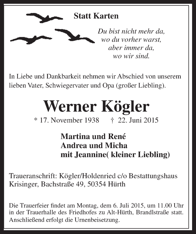  Traueranzeige für Werner Kögler vom 01.07.2015 aus  Wochenende 