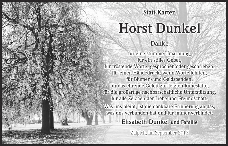  Traueranzeige für Horst Dunkel vom 13.09.2015 aus  Blickpunkt Euskirchen 