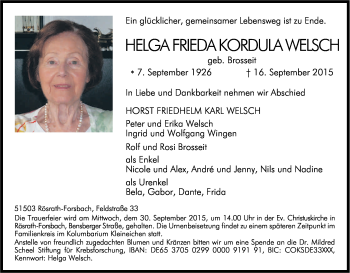 Anzeige von Helga Frieda Kordula Welsch von Kölner Stadt-Anzeiger / Kölnische Rundschau / Express