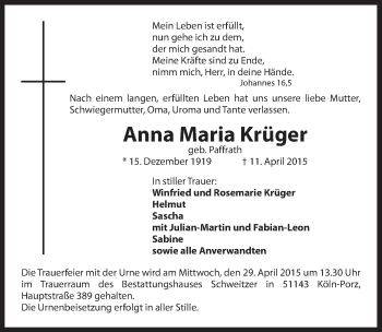 Anzeige von Anna Maria Krüger von  Kölner Wochenspiegel 