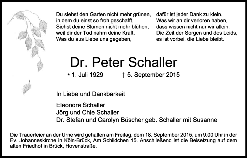  Traueranzeige für Peter Schaller vom 12.09.2015 aus Kölner Stadt-Anzeiger / Kölnische Rundschau / Express