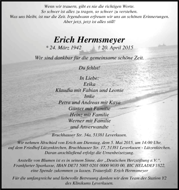 Anzeige von Erich Hermsmeyer von Kölner Stadt-Anzeiger / Kölnische Rundschau / Express