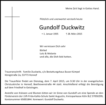 Anzeige von Gundolf Duckwitz von Kölner Stadt-Anzeiger / Kölnische Rundschau / Express