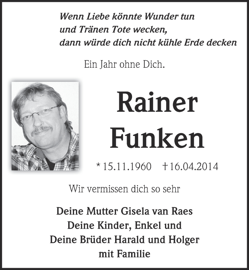  Traueranzeige für Rainer Funken vom 19.04.2015 aus  Blickpunkt Euskirchen 