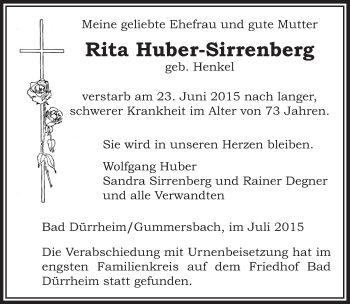 Anzeige von Rita Huber-Sirrenberg von  Anzeigen Echo 