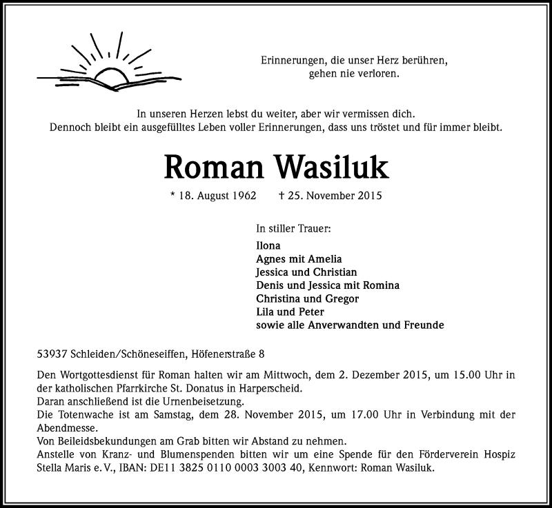  Traueranzeige für Roman Wasiluk vom 28.11.2015 aus Kölner Stadt-Anzeiger / Kölnische Rundschau / Express