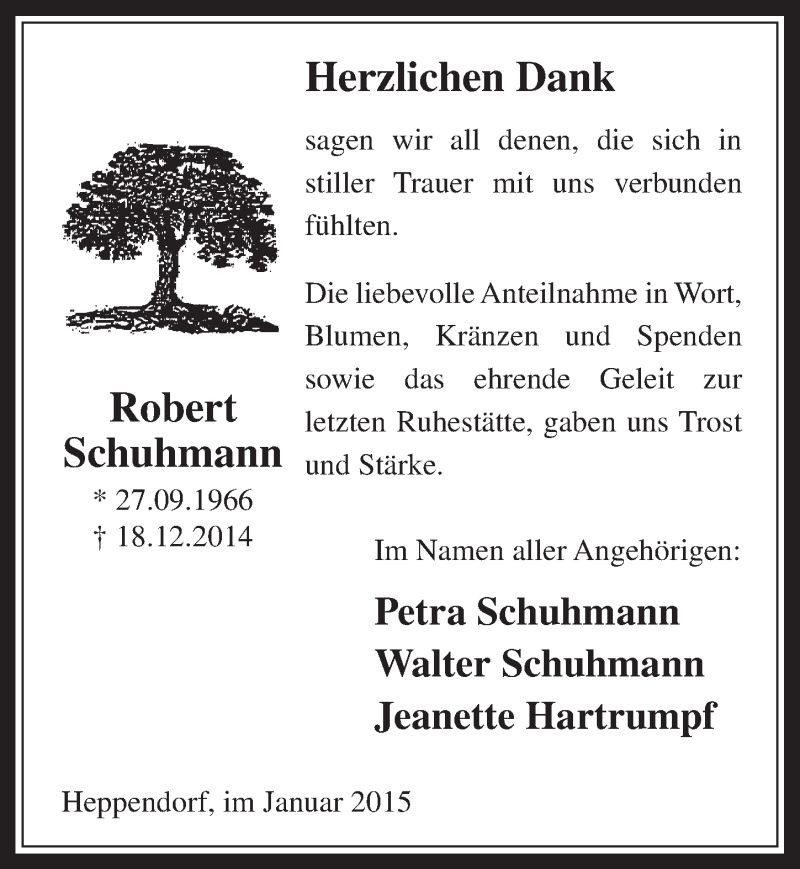  Traueranzeige für Robert Schuhmann vom 28.01.2015 aus  Werbepost 