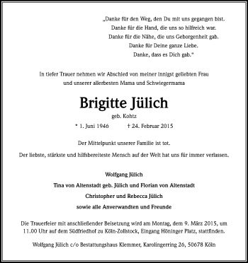 Anzeige von Brigitte Jülich von Kölner Stadt-Anzeiger / Kölnische Rundschau / Express