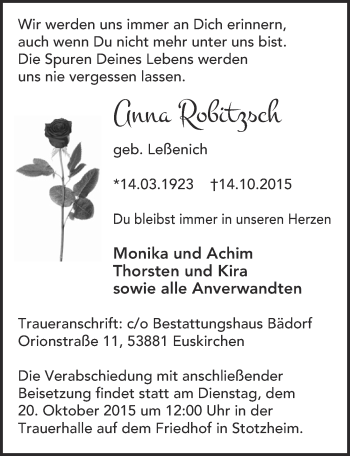 Anzeige von Anna Robitzsch von  Blickpunkt Euskirchen 