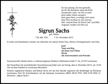 Anzeige von Sigrun Sachs von Kölner Stadt-Anzeiger / Kölnische Rundschau / Express