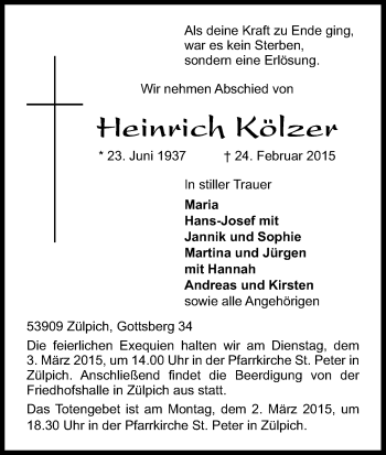 Anzeige von Heinrich Kölzer von Kölner Stadt-Anzeiger / Kölnische Rundschau / Express