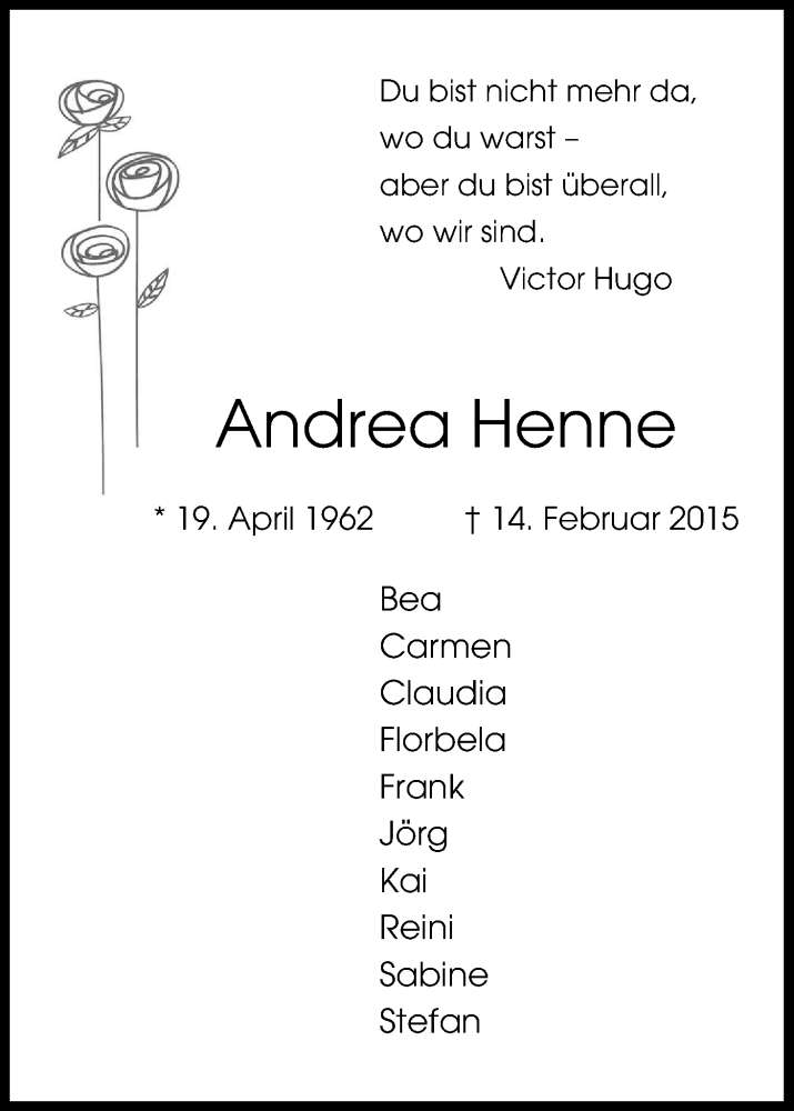  Traueranzeige für Andrea Henne vom 21.02.2015 aus Kölner Stadt-Anzeiger / Kölnische Rundschau / Express