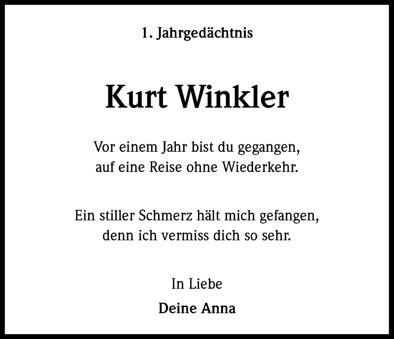  Traueranzeige für Kurt Winkler vom 02.05.2015 aus Kölner Stadt-Anzeiger / Kölnische Rundschau / Express