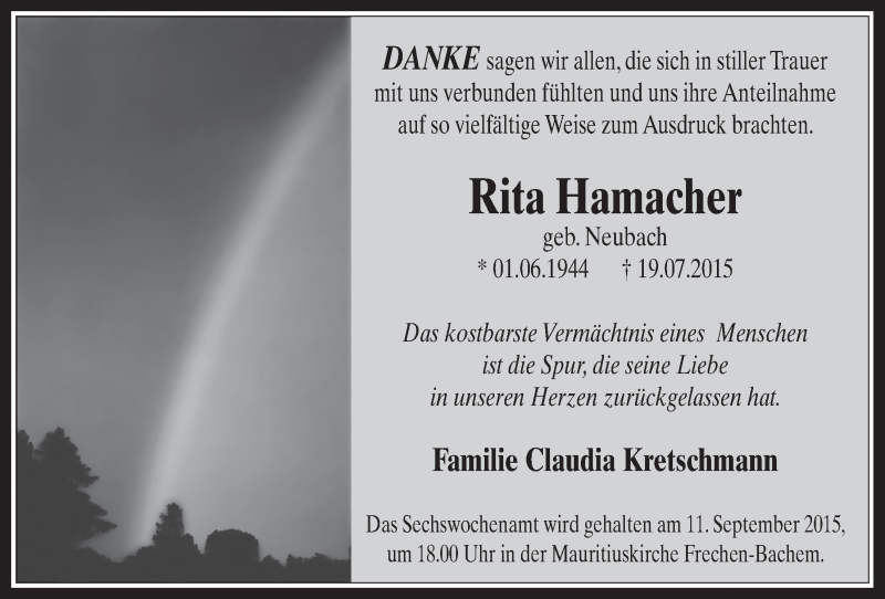  Traueranzeige für Rita Hamacher vom 02.09.2015 aus  Wochenende 